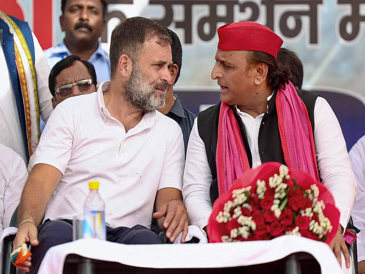 PTI : Congress leader Rahul Gandhi with SP chief with Akhilesh Yadav.(File photo) |